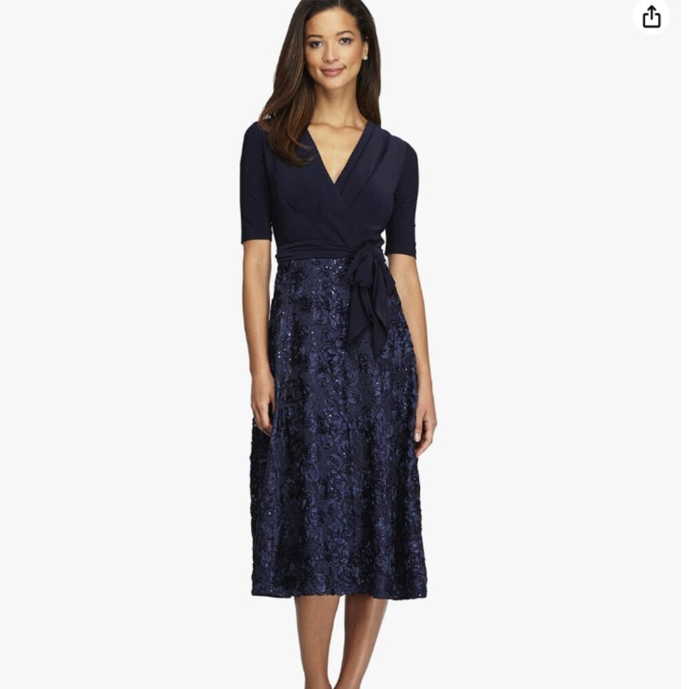 Alex Evenings Tea Length Jersey and Rosette Lace Dress (Navy, 16)